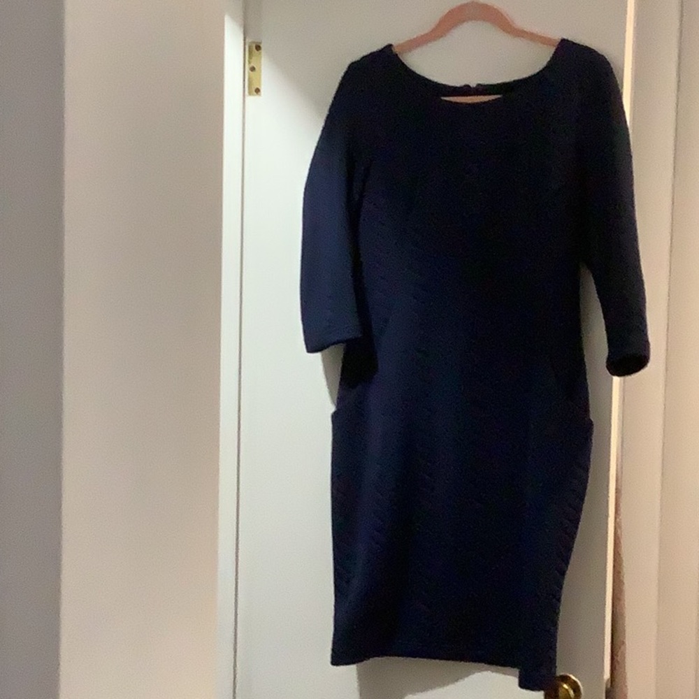 Sharagano blue dress, size 10, with front pockets, back zipper. Machine wash.
